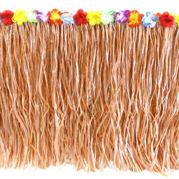 GiftExpress 9 Feet x 29" Luau Grass Table Skirt - Hawaiian Theme Party Party Skirt with Hibiscous Flower Decoration - Fringe Raffia Straw Backdrop for Moana Birthday Decorations