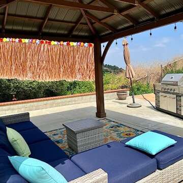 GiftExpress 9 Feet x 29" Luau Grass Table Skirt - Hawaiian Theme Party Party Skirt with Hibiscous Flower Decoration - Fringe Raffia Straw Backdrop for Moana Birthday Decorations