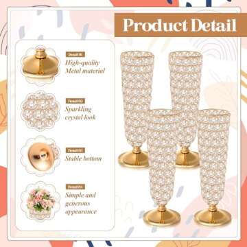 Rtteri 4 Pcs Crystal Trumpet Flower Vase 20 Inch Tall Wrought Iron Crystal Vase Flower Stand Centerpieces Wedding Table Vases Decor for Home Anniversary Ceremony Party Event Christmas