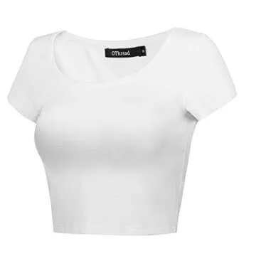 OThread & Co. Women's Basic Crop Tops Stretchy Casual Scoop Neck Cap Sleeve Shirt (Large, White)