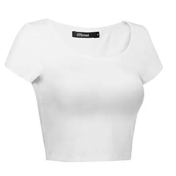 OThread & Co. Women's Basic Crop Tops Stretchy Casual Scoop Neck Cap Sleeve Shirt (Large, White)