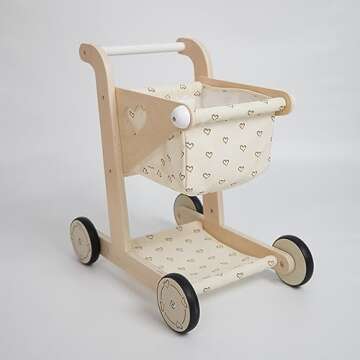 Hopscotch Squad Baby Wooden Shopping Cart Push Pull Walker Doll Stroller for Toddler, Pretend Peduca...