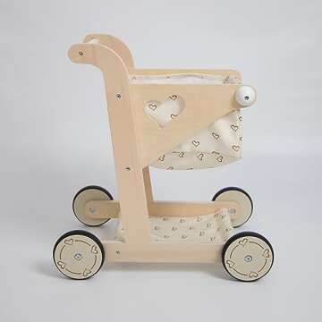 Hopscotch Squad Baby Wooden Shopping Cart Push Pull Walker Doll Stroller for Toddler, Pretend Peducational Learning Walker, Play Wagon with Rubber Wheel, Larger Size 16.5” x 111.4” x 18”