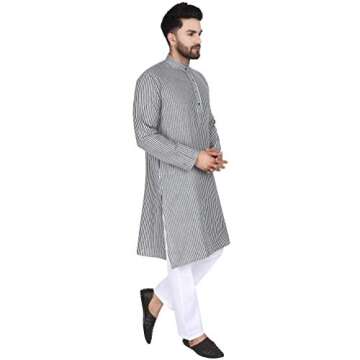 SKAVIJ Men's Cotton Casual Kurta Long Tunic Shirt Regular Fit (Small, Black Stripe)