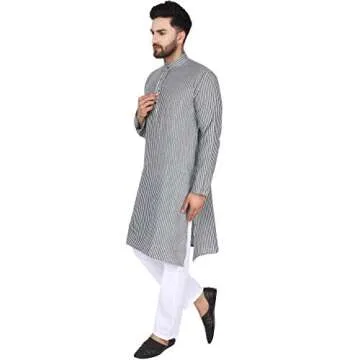SKAVIJ Men's Cotton Casual Kurta Long Tunic Shirt Regular Fit (Small, Black Stripe)