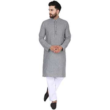 SKAVIJ Men's Cotton Casual Kurta Long Tunic Shirt Regular Fit (Small, Black Stripe)