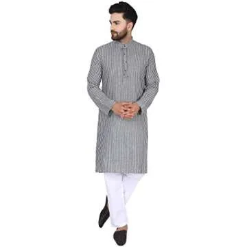 SKAVIJ Men's Cotton Casual Kurta Long Tunic Shirt Regular Fit (Small, Black Stripe)