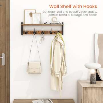 Homode Coat Rack with Shelf Wall Mount, 24 Inch Long Entryway Wall Shelf with Hooks, Wood Hanger wit...