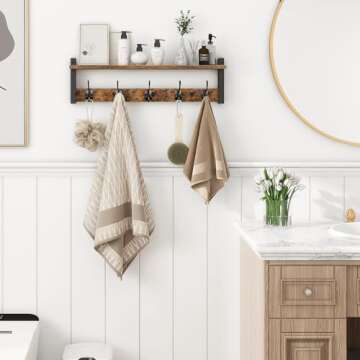 Homode Coat Rack with Shelf Wall Mount, 24 Inch Long Entryway Wall Shelf with Hooks, Wood Hanger with Storage Shelf for Bathroom, Hallway, Rustic Brown Black