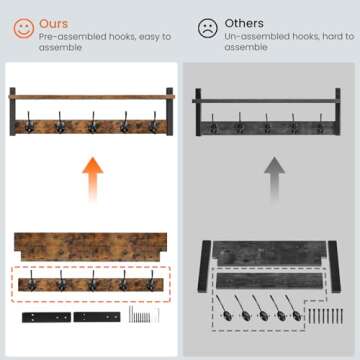 Homode Coat Rack with Shelf Wall Mount, 24 Inch Long Entryway Wall Shelf with Hooks, Wood Hanger with Storage Shelf for Bathroom, Hallway, Rustic Brown Black