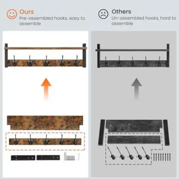 Homode Coat Rack with Shelf Wall Mount, 24 Inch Long Entryway Wall Shelf with Hooks, Wood Hanger with Storage Shelf for Bathroom, Hallway, Rustic Brown Black