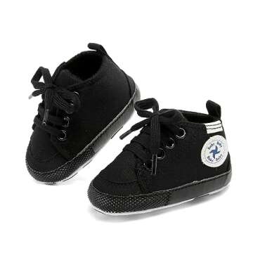Baby Girls Boys Shoes Soft Anti-Slip Sole Newborn First Walkers Star High Top Canvas Denim Unisex Infant Sneaker (A01-Black Full, 6-12 Months)