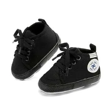 Baby Girls Boys Shoes Soft Anti-Slip Sole Newborn First Walkers Star High Top Canvas Denim Unisex Infant Sneaker (A01-Black Full, 6-12 Months)