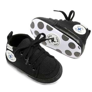 Baby Girls Boys Shoes Soft Anti-Slip Sole Newborn First Walkers Star High Top Canvas Denim Unisex Infant Sneaker (A01-Black Full, 6-12 Months)