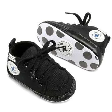 Baby Girls Boys Shoes Soft Anti-Slip Sole Newborn First Walkers Star High Top Canvas Denim Unisex Infant Sneaker (A01-Black Full, 6-12 Months)