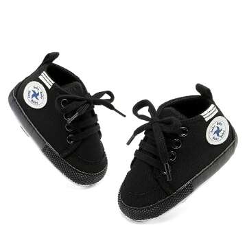 Baby Girls Boys Shoes Soft Anti-Slip Sole Newborn First Walkers Star High Top Canvas Denim Unisex Infant Sneaker (A01-Black Full, 6-12 Months)