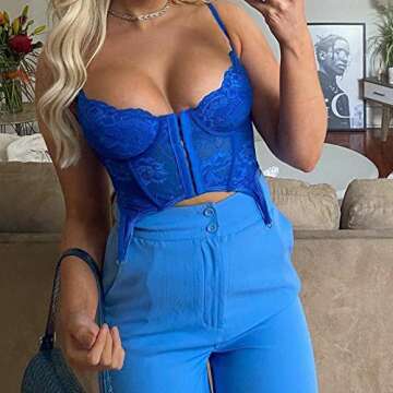 Meihuida Women Lace Corset Tops Sexy Patchwork Y2K Vintage Aesthetic Push Up Bustier Blue M