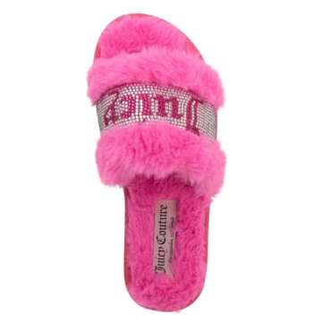 Juicy Couture Women's Plush Faux Fur Slippers – Cozy Open-Toe Slides with Rhinestone Embellished S...