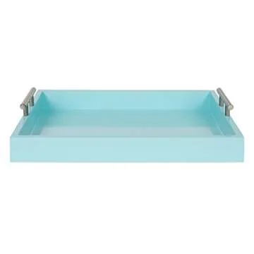 Kate and Laurel Lipton Decorative Tray with Polished Silver Metal Handles, Pastel Teal