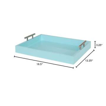 Kate and Laurel Lipton Decorative Tray with Polished Silver Metal Handles, Pastel Teal