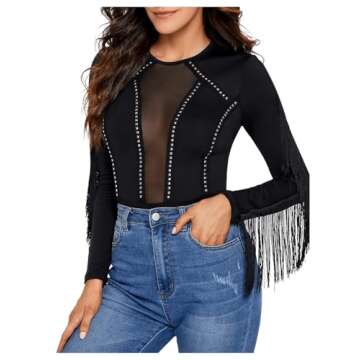 Stylish SweatyRocks Fringe Long Sleeve Bodysuit Black
