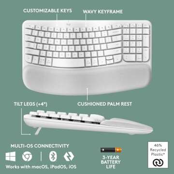 Logitech Wave Keys Wireless Ergonomic Keyboard with Cushioned Palm Rest, Comfortable Natural Typing, Easy-Switch, Bluetooth, Logi Bolt Receiver, for Multi-OS, Windows/Mac - Off White