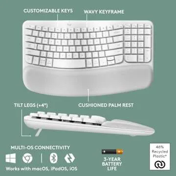 Logitech Wave Keys Wireless Ergonomic Keyboard with Cushioned Palm Rest, Comfortable Natural Typing, Easy-Switch, Bluetooth, Logi Bolt Receiver, for Multi-OS, Windows/Mac - Off White