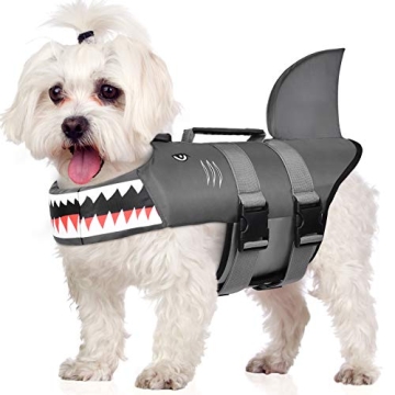 Dog Life Jacket Swimming Vest - Updated Dog's Lifejacket Shark Floating Pet Lifevest with Safety Han...