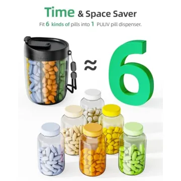 PULIV Large Supplement Organizer Bottle, Holds Plenty of 6 Various Vitamins in 1 Pill Dispenser with Anti-Mixing & Wide Openings Design, Easy to Retrieve Meds, Includes 20 Pcs Stick-on Labels