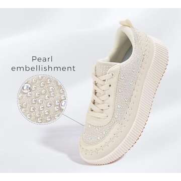 LUCKY STEP Women's Rhinestone Sneaker Chunky Fashion Platform Sparkly Elastic Walking Shoes(Beige Pe...