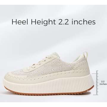 LUCKY STEP Women's Rhinestone Sneaker Chunky Fashion Platform Sparkly Elastic Walking Shoes(Beige Pearl,7 B(M) US)
