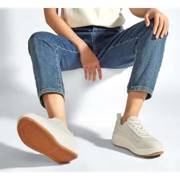 LUCKY STEP Women's Rhinestone Sneaker Chunky Fashion Platform Sparkly Elastic Walking Shoes(Beige Pearl,7 B(M) US)