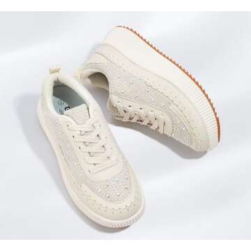 LUCKY STEP Women's Rhinestone Sneaker Chunky Fashion Platform Sparkly Elastic Walking Shoes(Beige Pearl,7 B(M) US)
