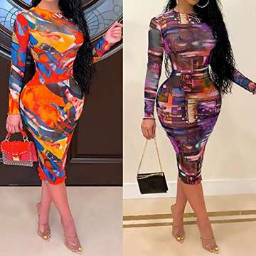 Uni Clau Sexy Sheer Mesh Bodycon Midi Dress in Rainbow Print