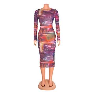 Uni Clau Sexy Sheer Mesh Bodycon Midi Dress in Rainbow Print