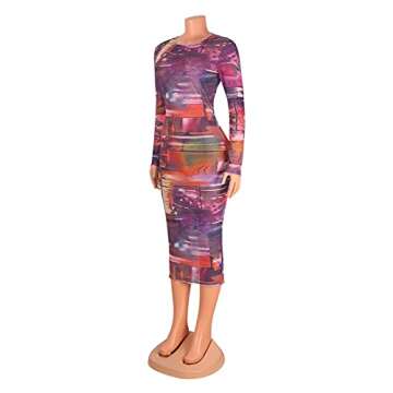 Uni Clau Sexy Sheer Mesh Bodycon Midi Dress in Rainbow Print