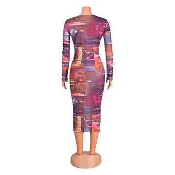 Uni Clau Sexy Sheer Mesh Bodycon Midi Dress in Rainbow Print