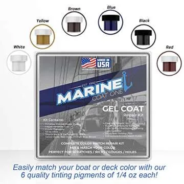 Marine Coat One Gel Coat Repair Kit for Boats, Repairs Nicks Holes on Fiberglass Hulls with MEKP Hardener for Hard Cure & Complete Color Match Kit (6 Colors)