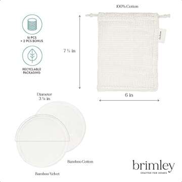 Brimley 16 Pack Reusable Cotton Pads, Washable Makeup Remover Bamboo Rounds for Sensitive Face with 2 Cotton Mesh Laundry Bags