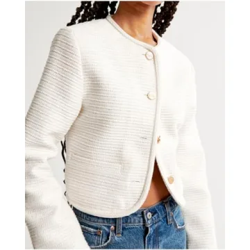 SCOFEEL Cropped Tweed Blazer Jackets for Women Elegant Slim Collarless Business Casual Outfits White