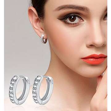 Silver Huggie Hoop Earrings, 925 Sterling Silver 14K Gold Plated Cubic Zirconia Cuff Earrings for Women, Sparkle Hypoallergenic 13mm Small Cartilage Piercing Stud- Silver