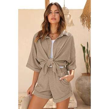 Ekouaer Waffle Knit Lounge Sets for Women Short Sleeve Pajamas Button Down Pjs Oversized Loungewear Shorts Set Khaki