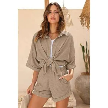 Ekouaer Waffle Knit Lounge Sets for Women Short Sleeve Pajamas Button Down Pjs Oversized Loungewear Shorts Set Khaki