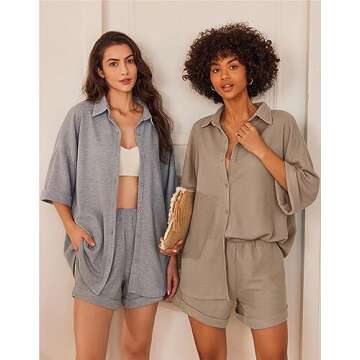 Ekouaer Waffle Knit Lounge Sets for Women Short Sleeve Pajamas Button Down Pjs Oversized Loungewear Shorts Set Khaki