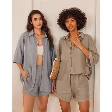 Ekouaer Waffle Knit Lounge Sets for Women Short Sleeve Pajamas Button Down Pjs Oversized Loungewear Shorts Set Khaki