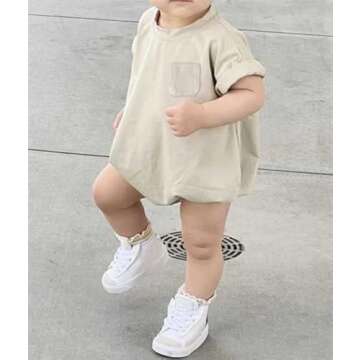 Hoanselay Newborn Infant Baby Boy Girl Basic Plain Pocket Short Sleeve Romper Bodysuit Tops Solid Summer Outfit Clothes (A-Khaki, 0-3 Months)