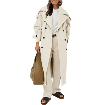 Farktop Womens Oversized Long Trench Coat Double Breasted Lapel Windproof Overcoat with Belt