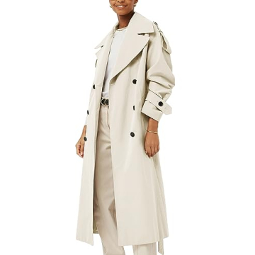 Farktop Womens Oversized Long Trench Coat Double Breasted Lapel Windproof Overcoat with Belt