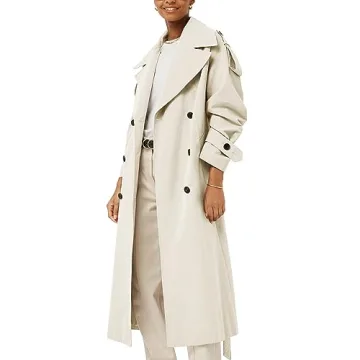 Farktop Womens Oversized Long Trench Coat Double Breasted Lapel Windproof Overcoat with Belt