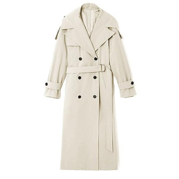 Farktop Womens Oversized Long Trench Coat Double Breasted Lapel Windproof Overcoat with Belt